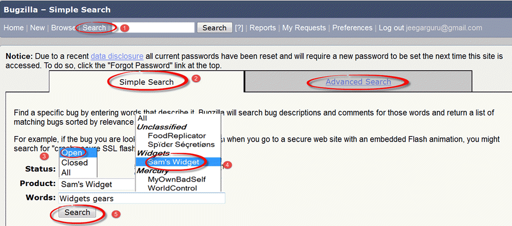 Use Simple Search Option in Bugzilla