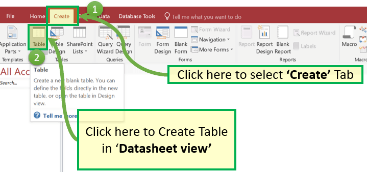 Create Table – Datasheet View