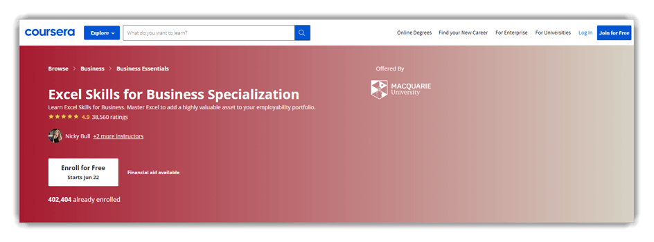 Excel Skills for Business - Coursera
