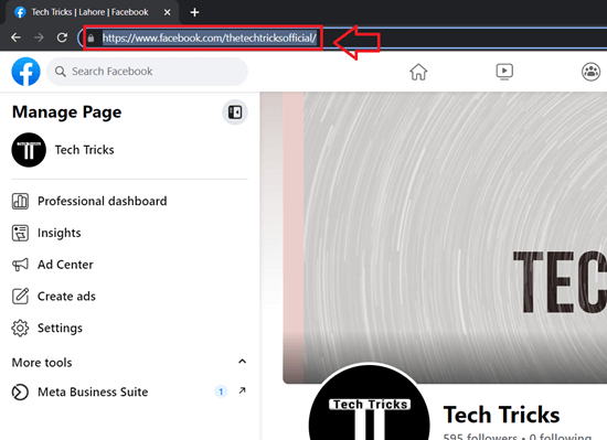 Find the Facebook URL of the Business Page on a PC