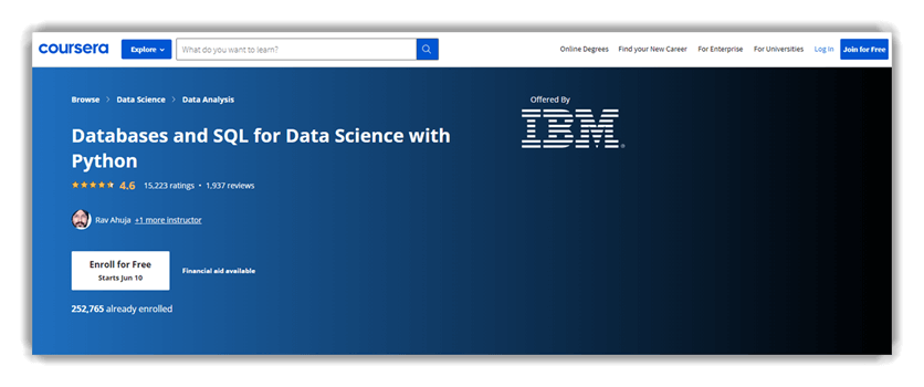 Database and SQL Certification for Data Science