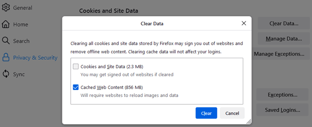 Flush DNS Cache on Firefox using Clear Data