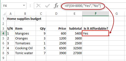 IF Function Example in Excel