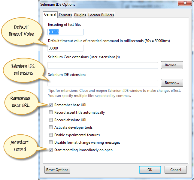 Selenium IDE Options Dialog Box