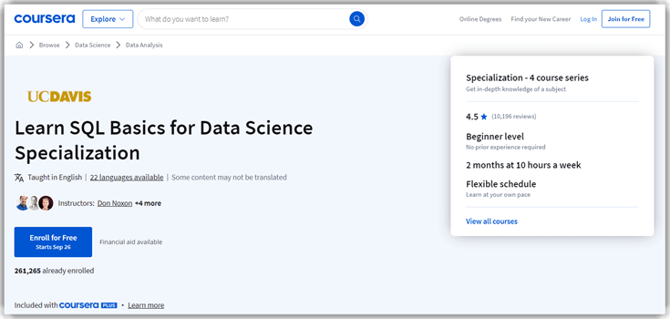 Learn SQL Basics for Data Science Specialization