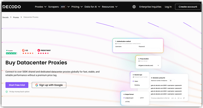 Decodo datacenter proxy dashboard