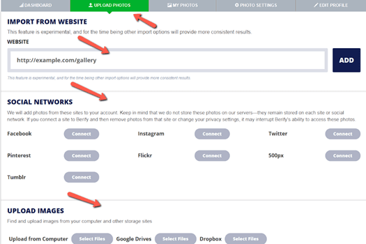 The options for uploading photos on Berify