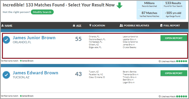 Search results display