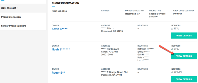Spokeo search results with view details option