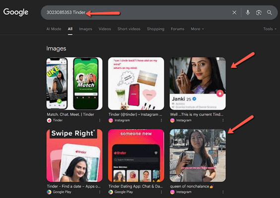 Google search results for phone number and Tinder