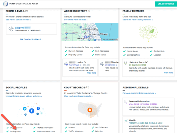 Full name lookup results showing comprehensive background information