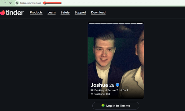 Tinder username URL search example