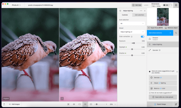 Adjust Lighting feature interface