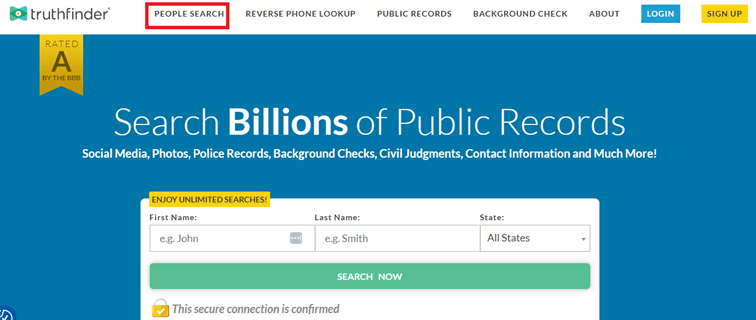 TruthFinder homepage